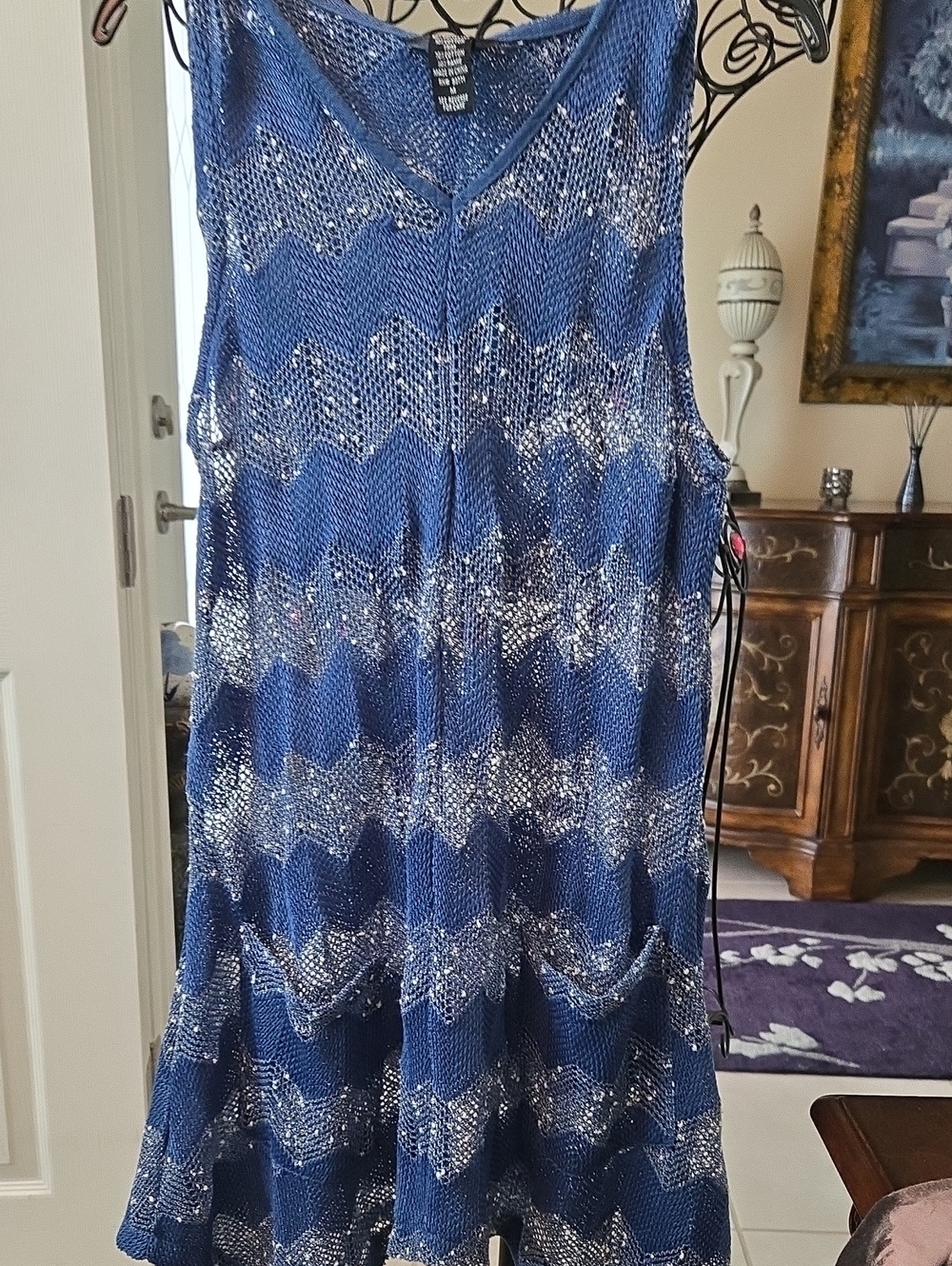 Dalin Sz Med Blue Knit Chevron Sleeveless Swim Coverup
